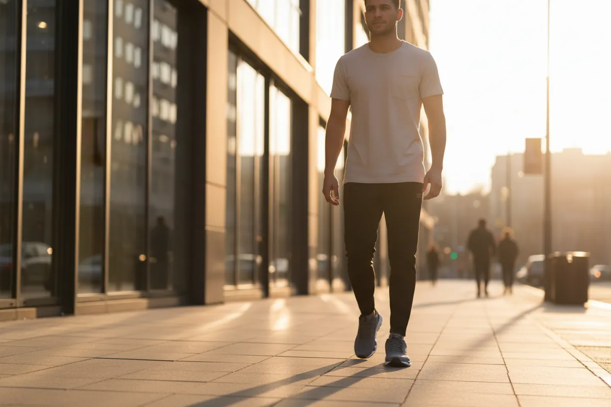 Stylish person taking evening walk on city sidewalk wearing Reebok Voyager shoes, golden hour sunlight casting long shadows, casual street fashion look