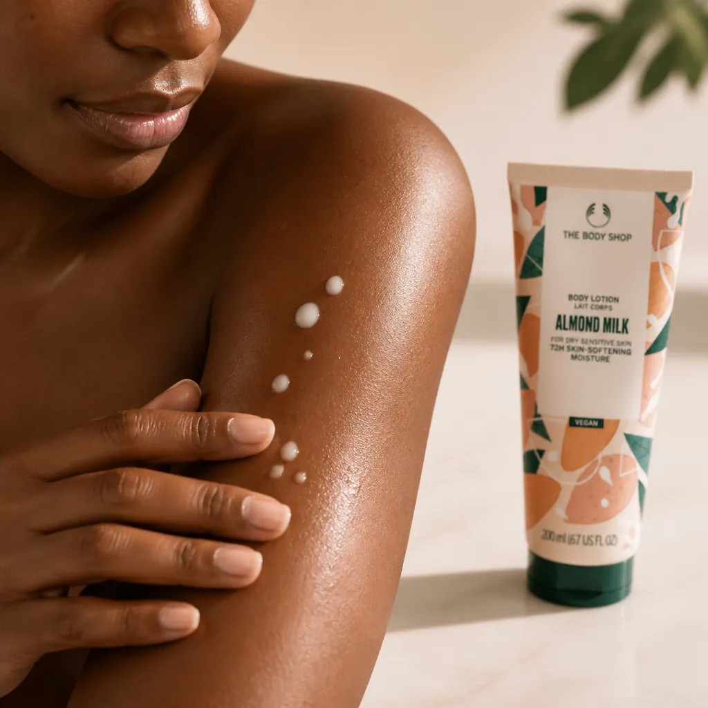 Close-up of smooth, glowing skin with soft almond milk droplets and warm natural lighting, showcasing deeply moisturized and nourished skin