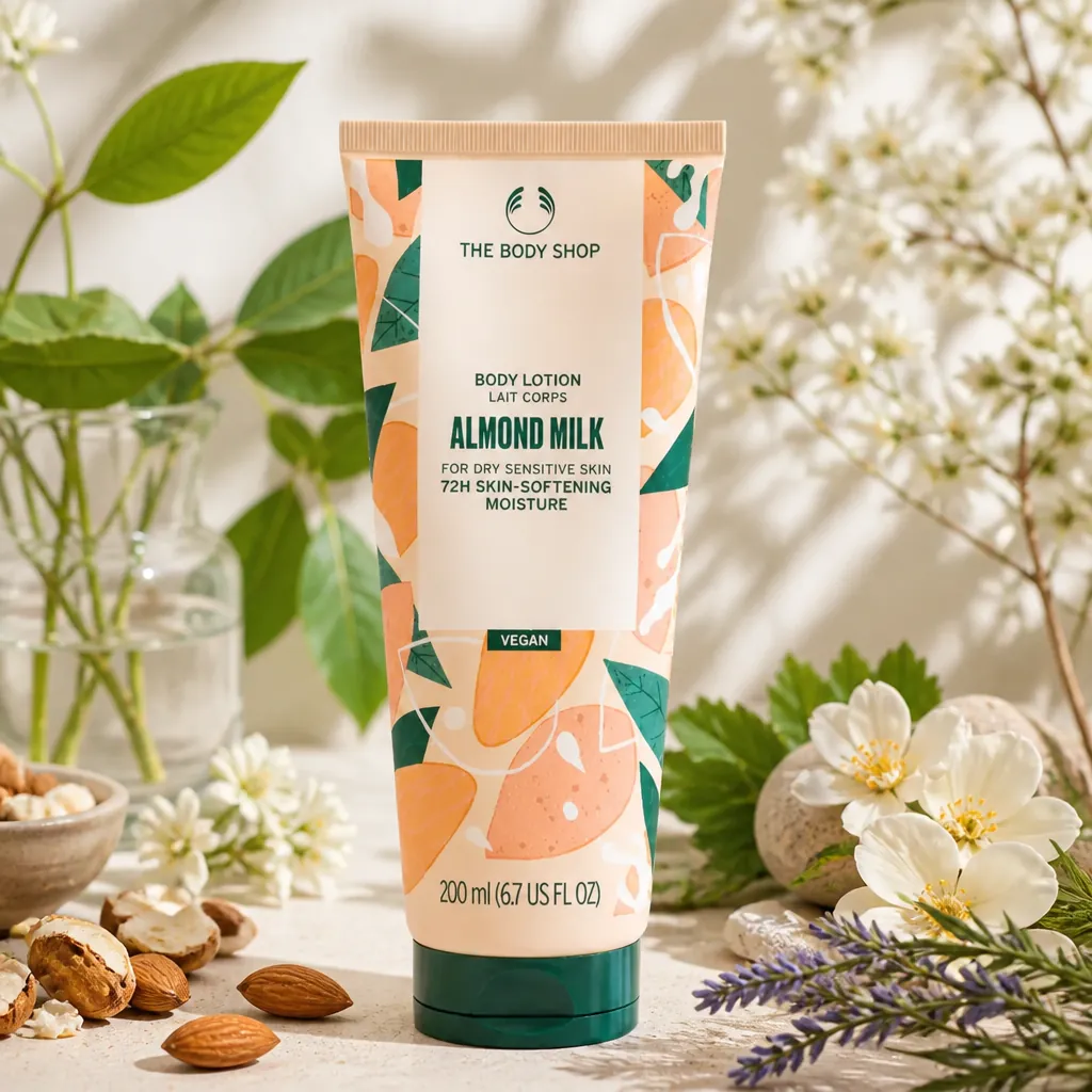 Assorted natural botanical extracts including plant leaves and floral ingredients arranged in a clean minimal composition