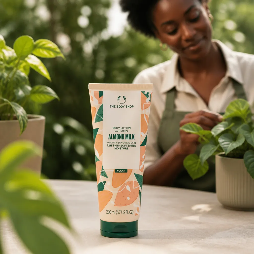 Eco-friendly product packaging made from recycled plastic surrounded by lush green potted plants in natural outdoor setting with soft diffused lighting