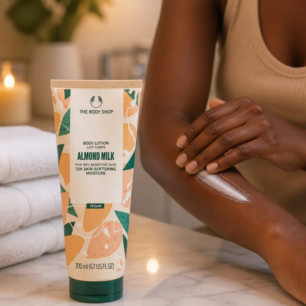 Warm and inviting bathroom scene with fluffy white towels, candles, and a person gently applying body lotion to their arm in a relaxed self-care moment