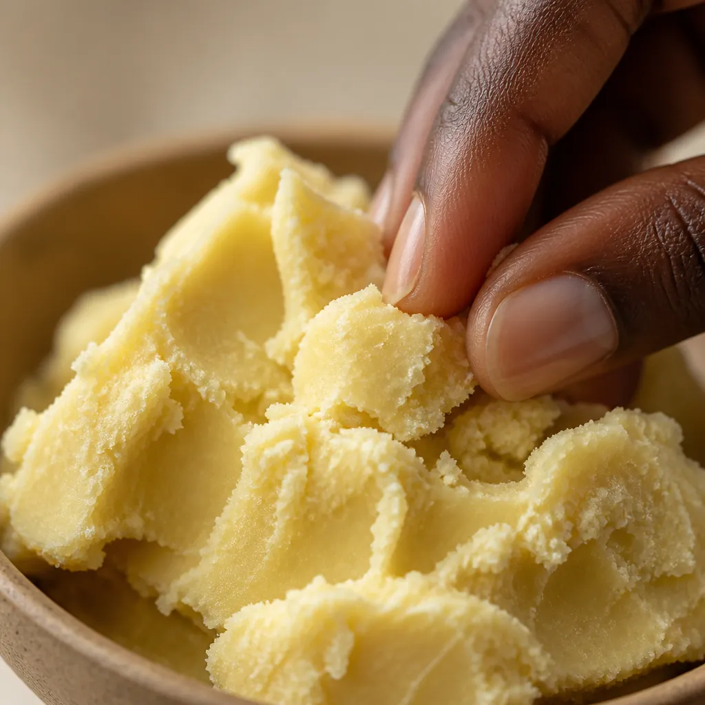 Raw golden shea butter with its natural texture, shown close-up with creamy yellow tones and visible grainy consistency