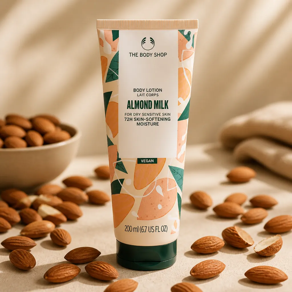 Fresh organic almonds with their natural brown papery skin, displayed against a warm cream background with soft directional lighting