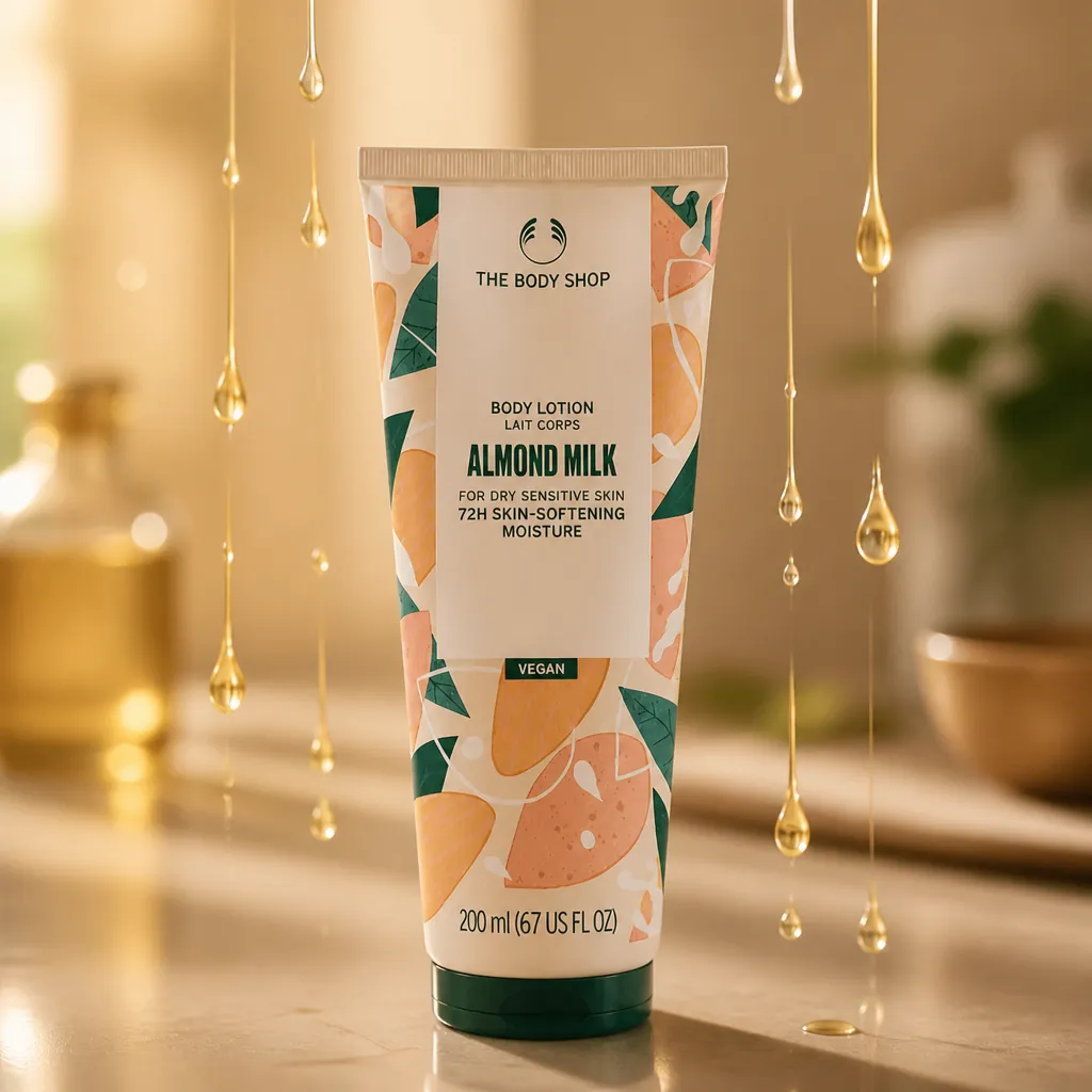 Golden almond oil droplets slowly falling, capturing light and showing the oil's translucent golden hue against a warm backdrop