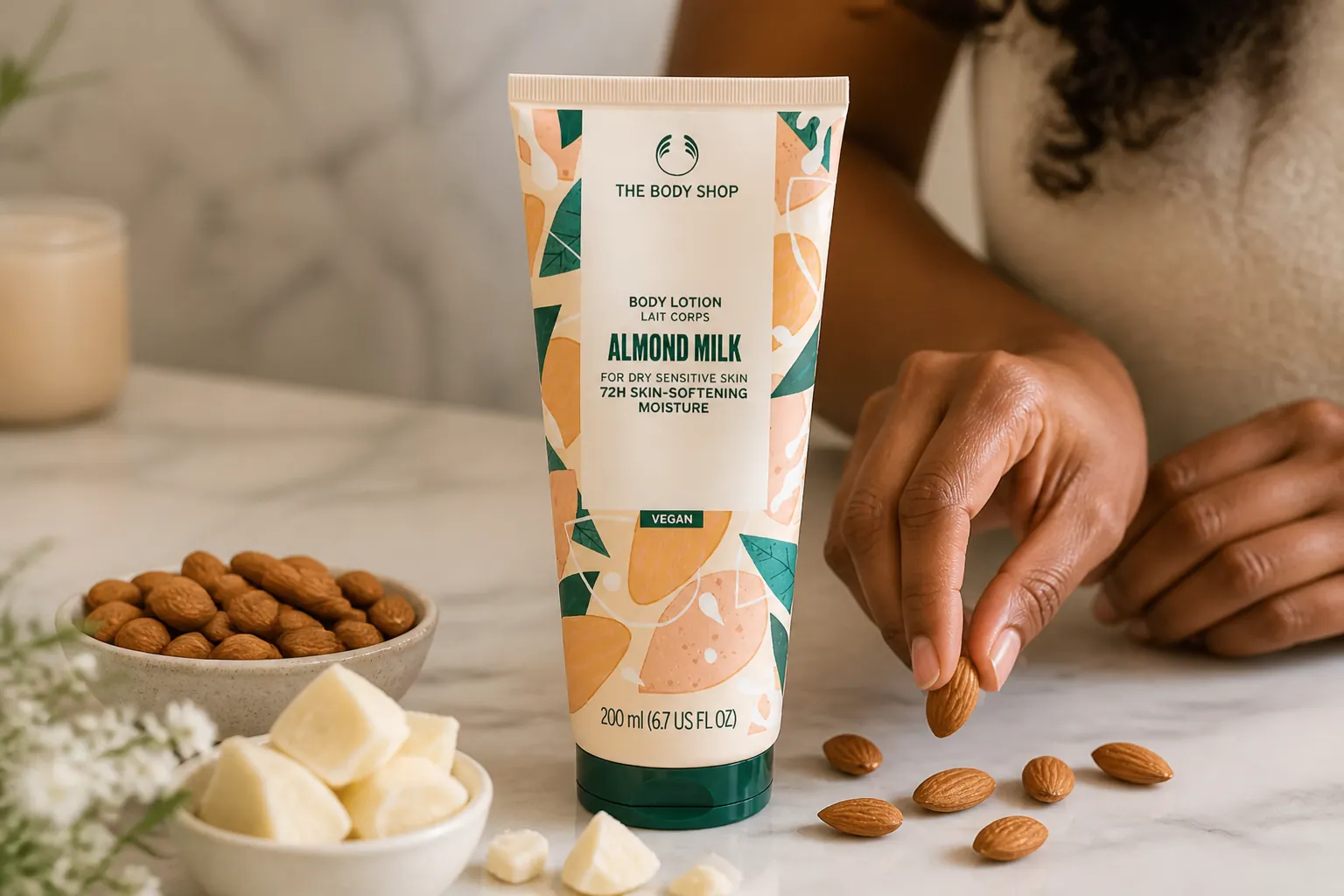 Elegant arrangement of raw organic almonds, shea butter, and natural skincare ingredients displayed on white marble counter with soft natural lighting