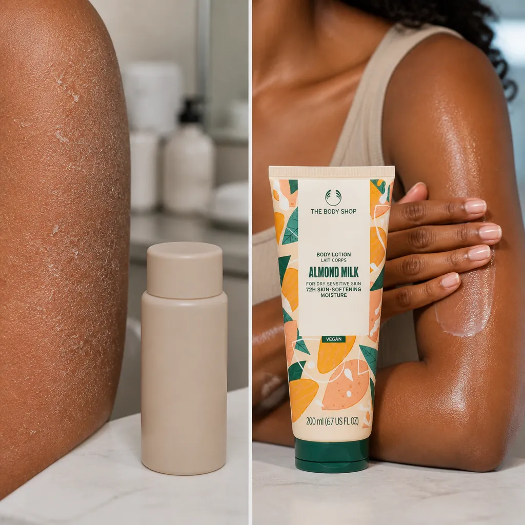 Split comparison showing dry, flaky skin on the left transforming into smooth, radiant, deeply moisturized skin on the right with visible texture difference