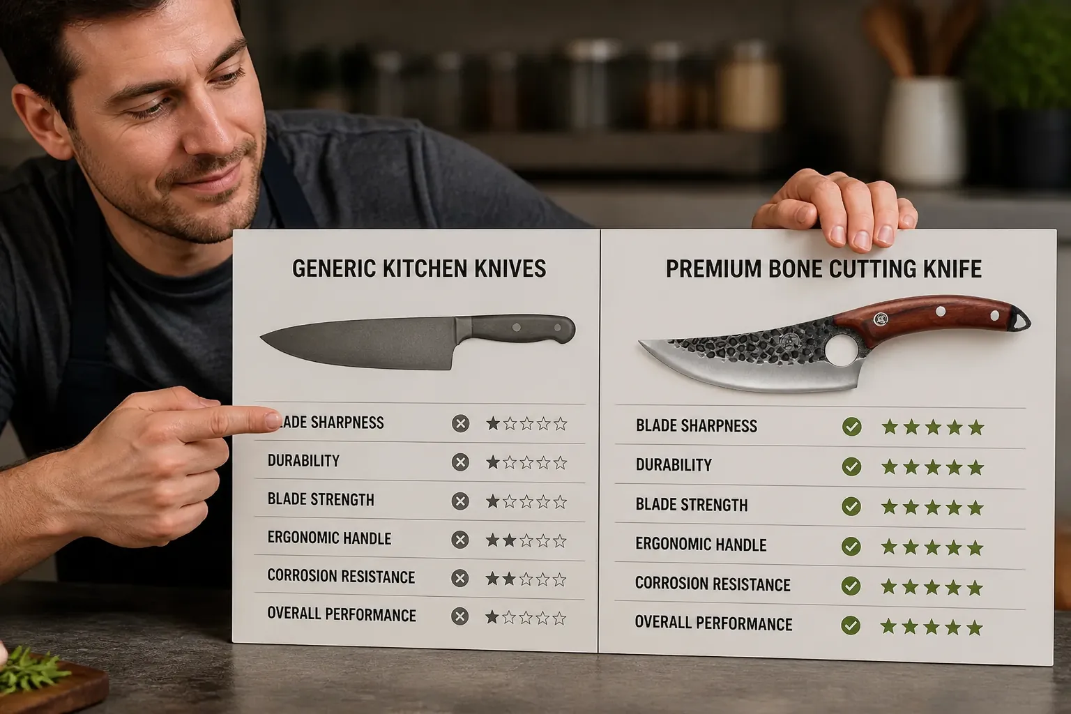 Side-by-side comparison table showing regular kitchen knives versus professional bone-cutting knife across price, durability, sharpness, bone-cutting ability, and customer ratings