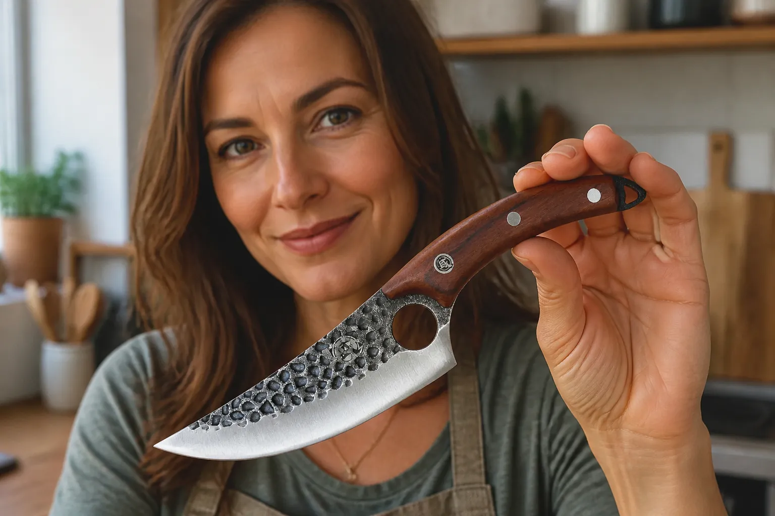 Portrait of satisfied customer Maria showing her new bone-cutting knife in her kitchen with a confident smile