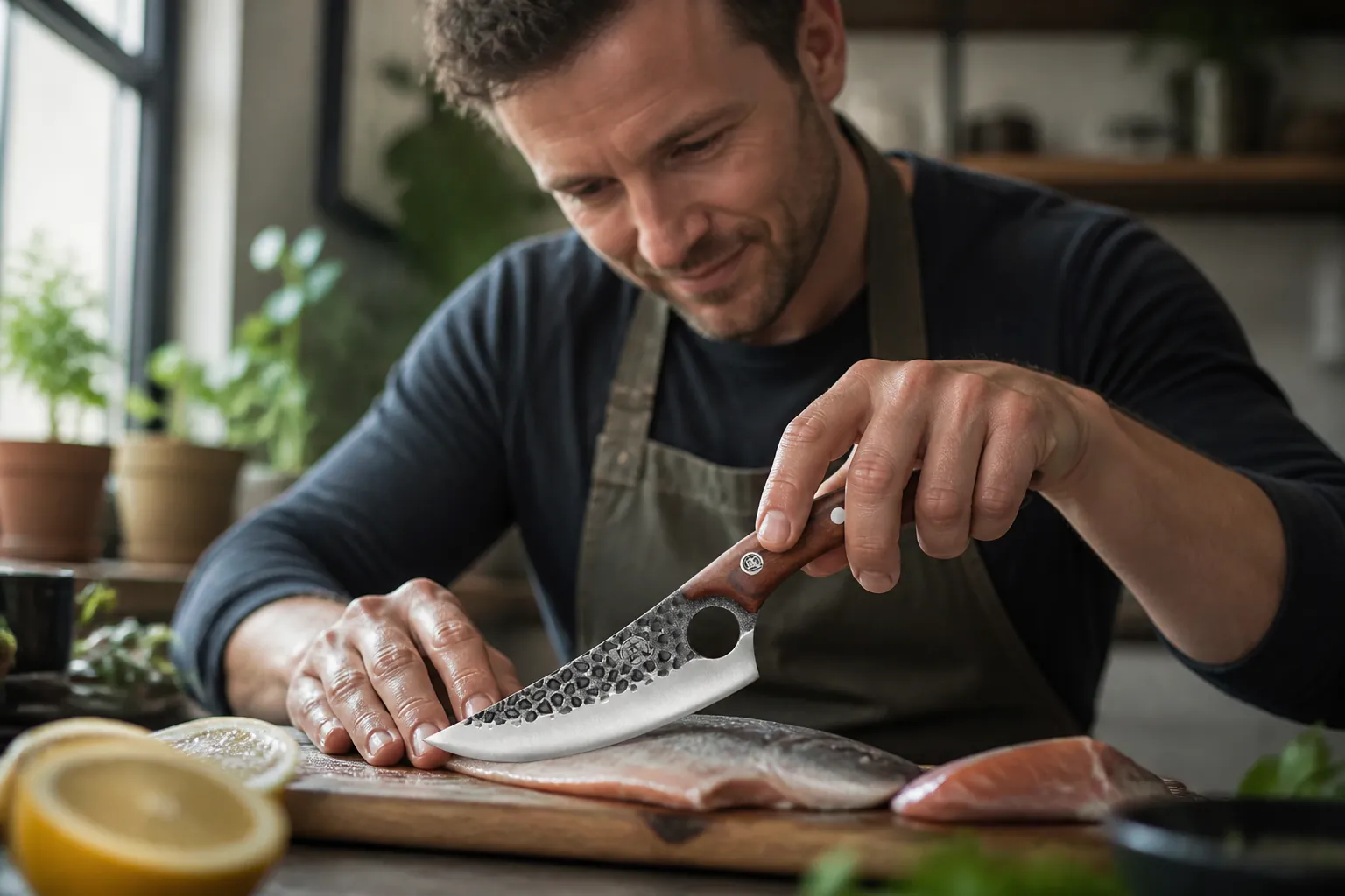 Portrait of satisfied customer James preparing fresh fish with his new professional knife at his kitchen counter