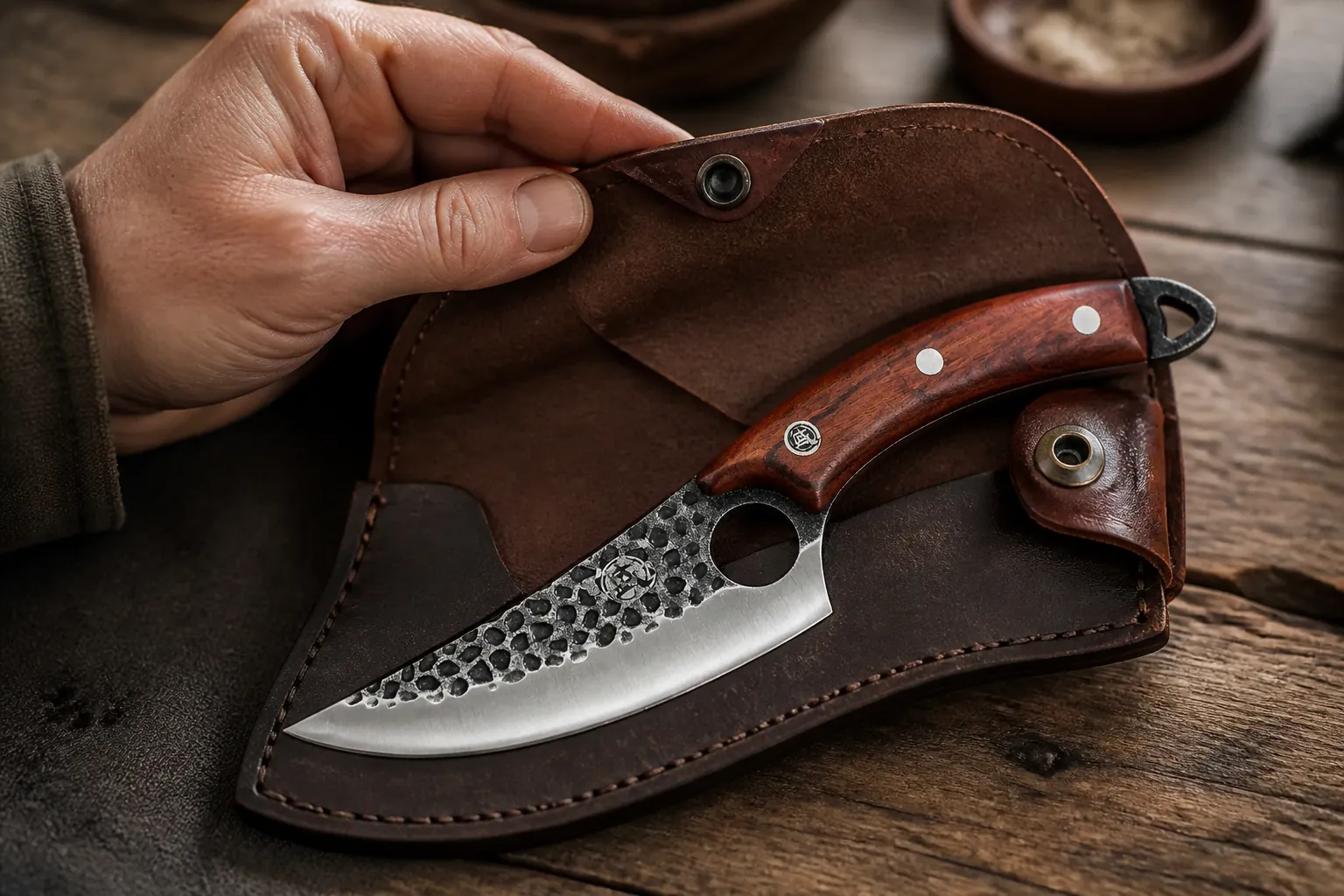 Premium protective knife sheath in leather-style material showing secure snap closure and polished interior