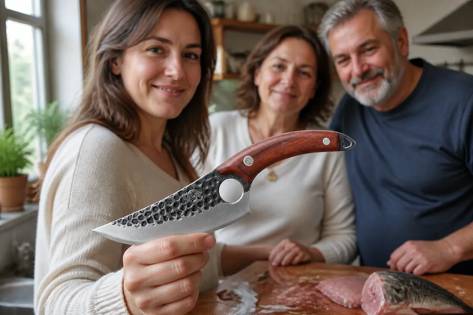 Portrait of satisfied customer Elena with her parents in their kitchen, showing the bone-cutting knife gift