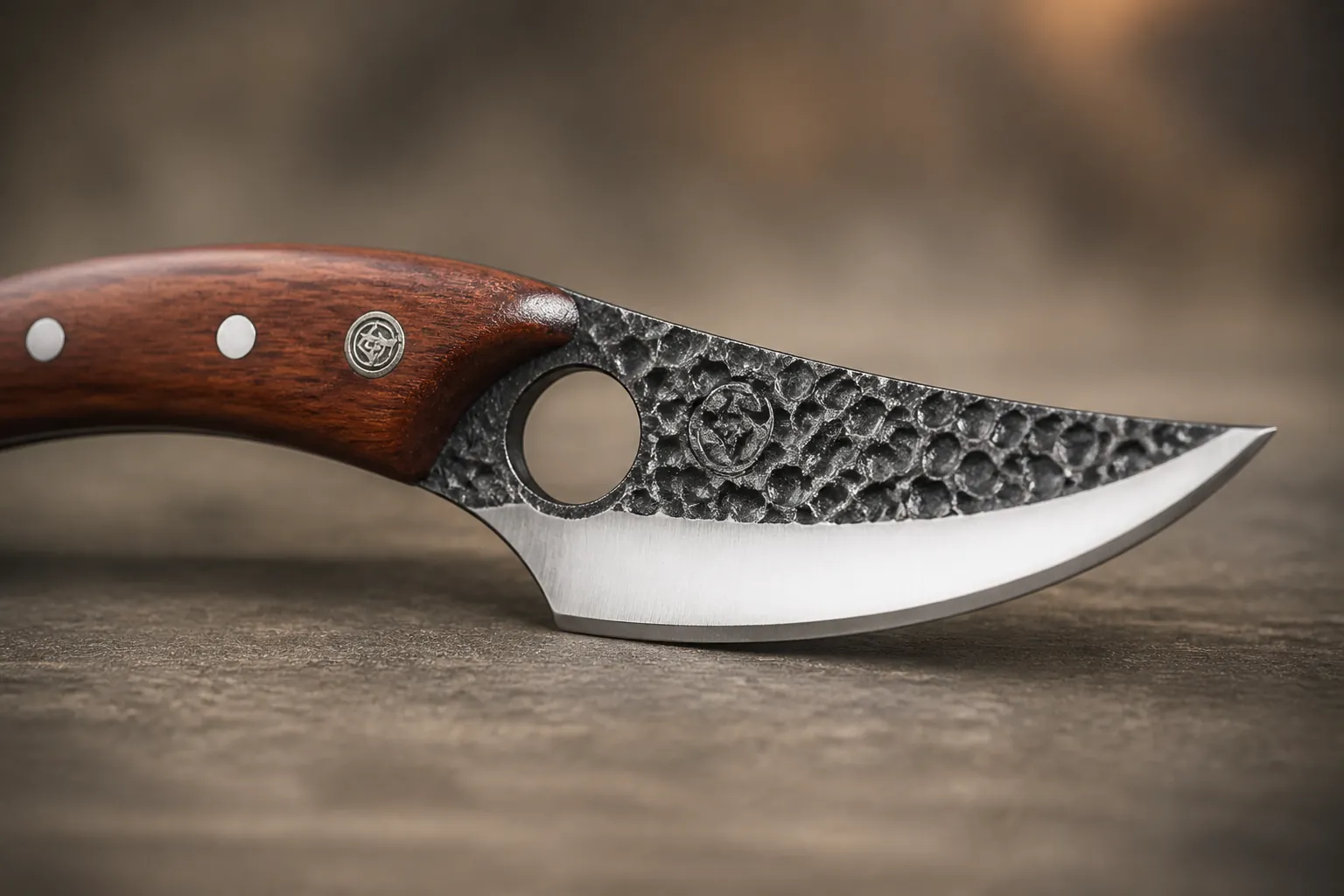 Close-up macro photograph of razor-sharp stainless steel knife blade showing precise edge geometry and mirror polish finish