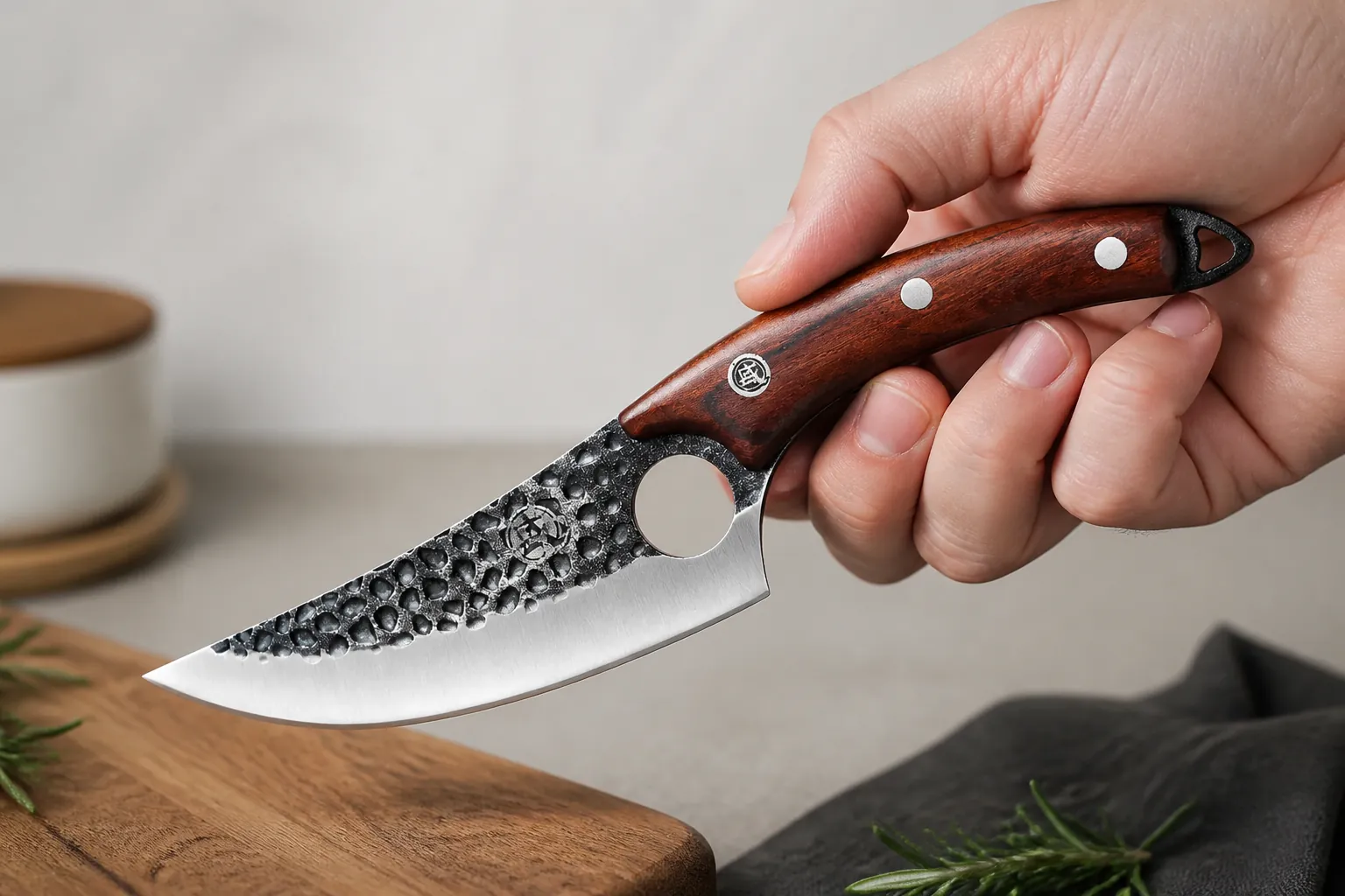 Ergonomic wood handle knife showing natural wood grain texture and comfortable grip shape