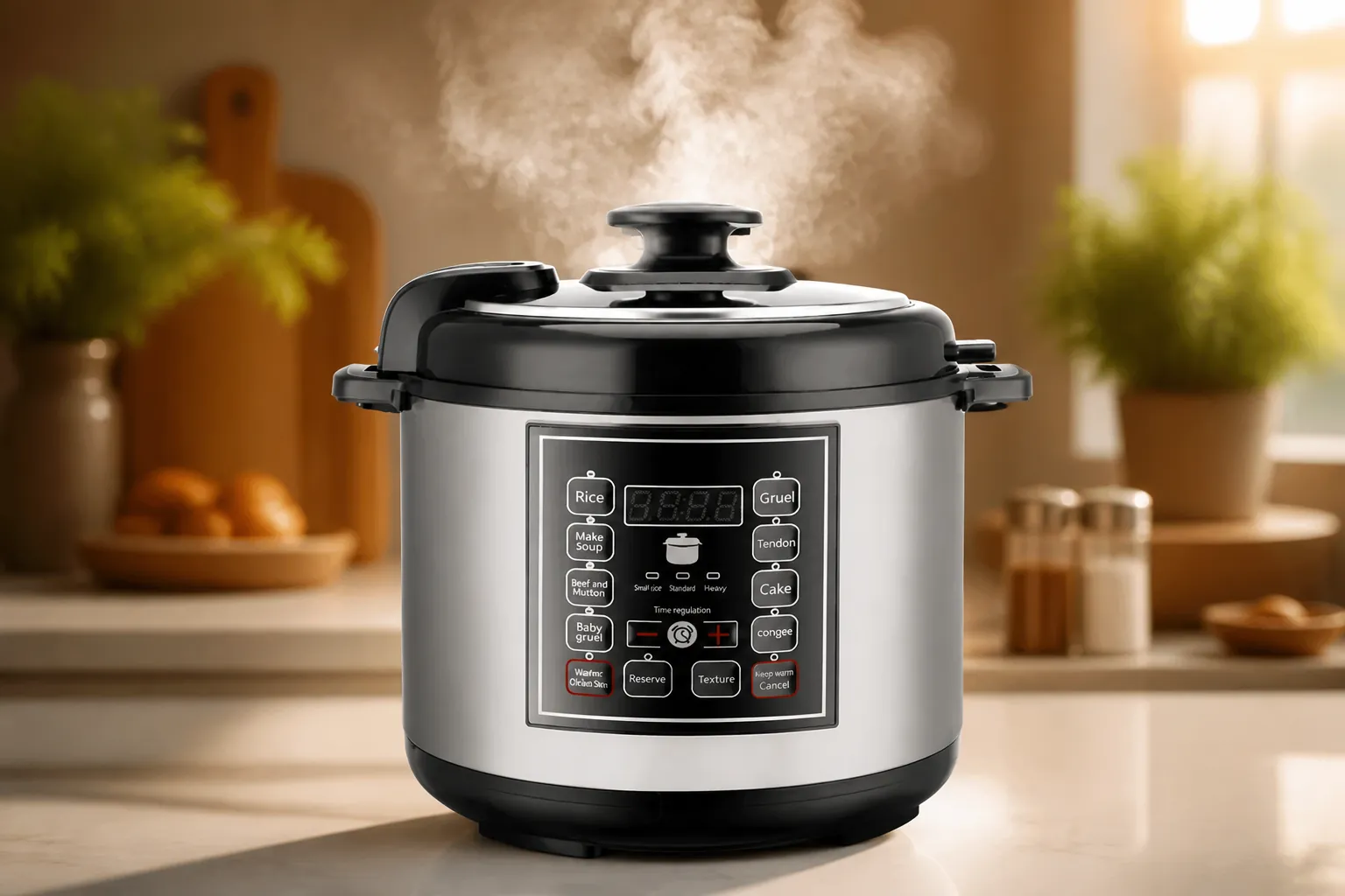 Perfectly fluffy white rice in a premium pressure cooker with steam rising beautifully in warm kitchen lighting