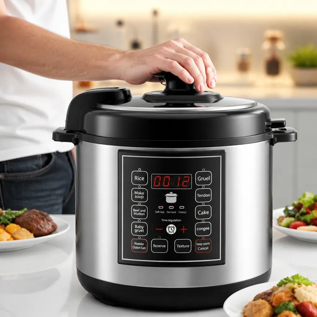 Detailed close-up product shot showing the premium LCD display panel with timer settings and the sleek aluminum alloy construction of the pressure cooker