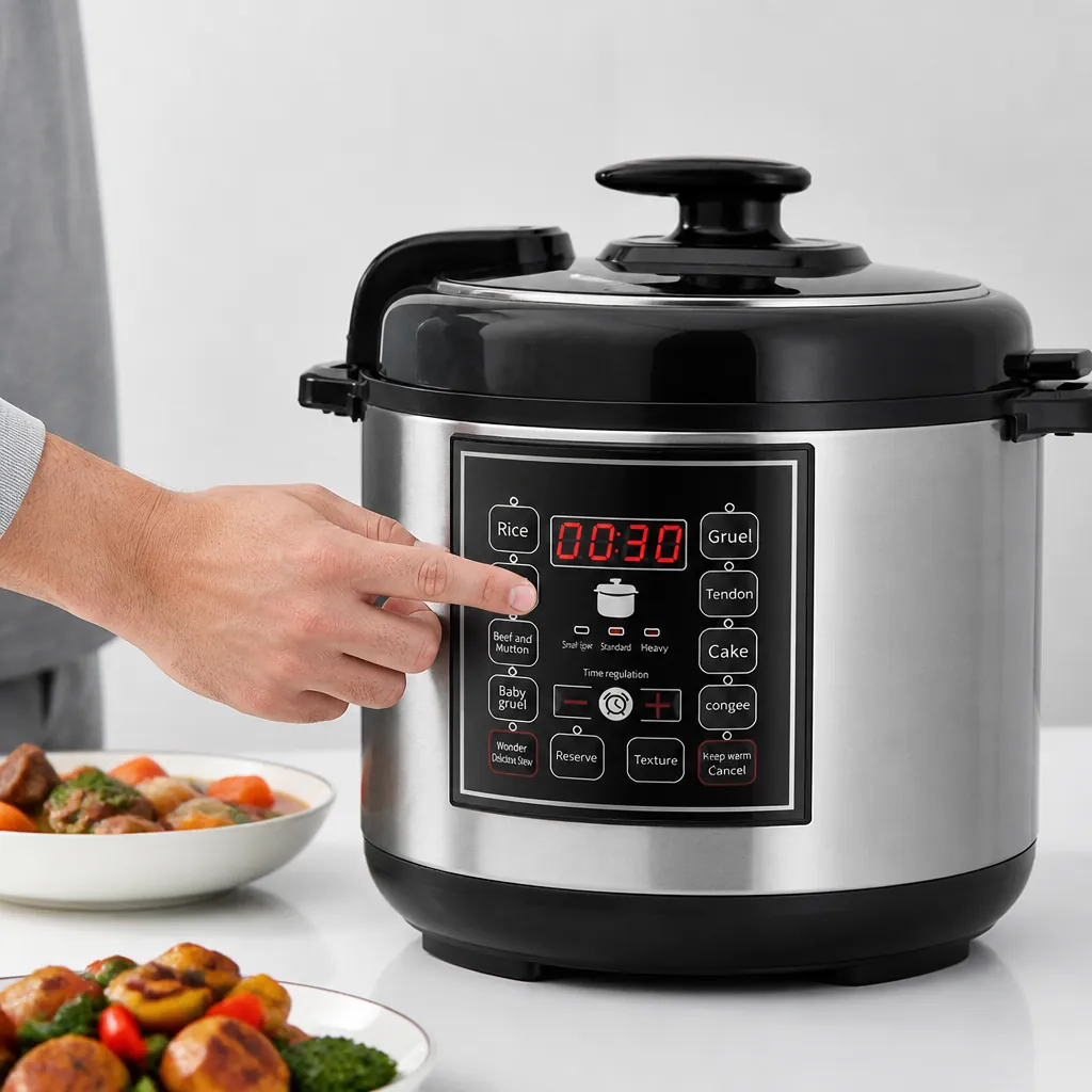 Hand setting the digital timer on the pressure cooker's LCD display showing reservation time being programmed