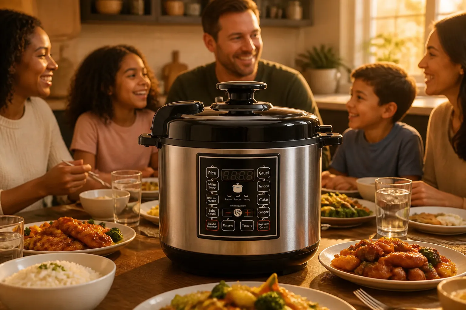 Warm lifestyle scene of diverse happy family gathered around dinner table with the pressure cooker as centerpiece in modern kitchen with golden evening lighting