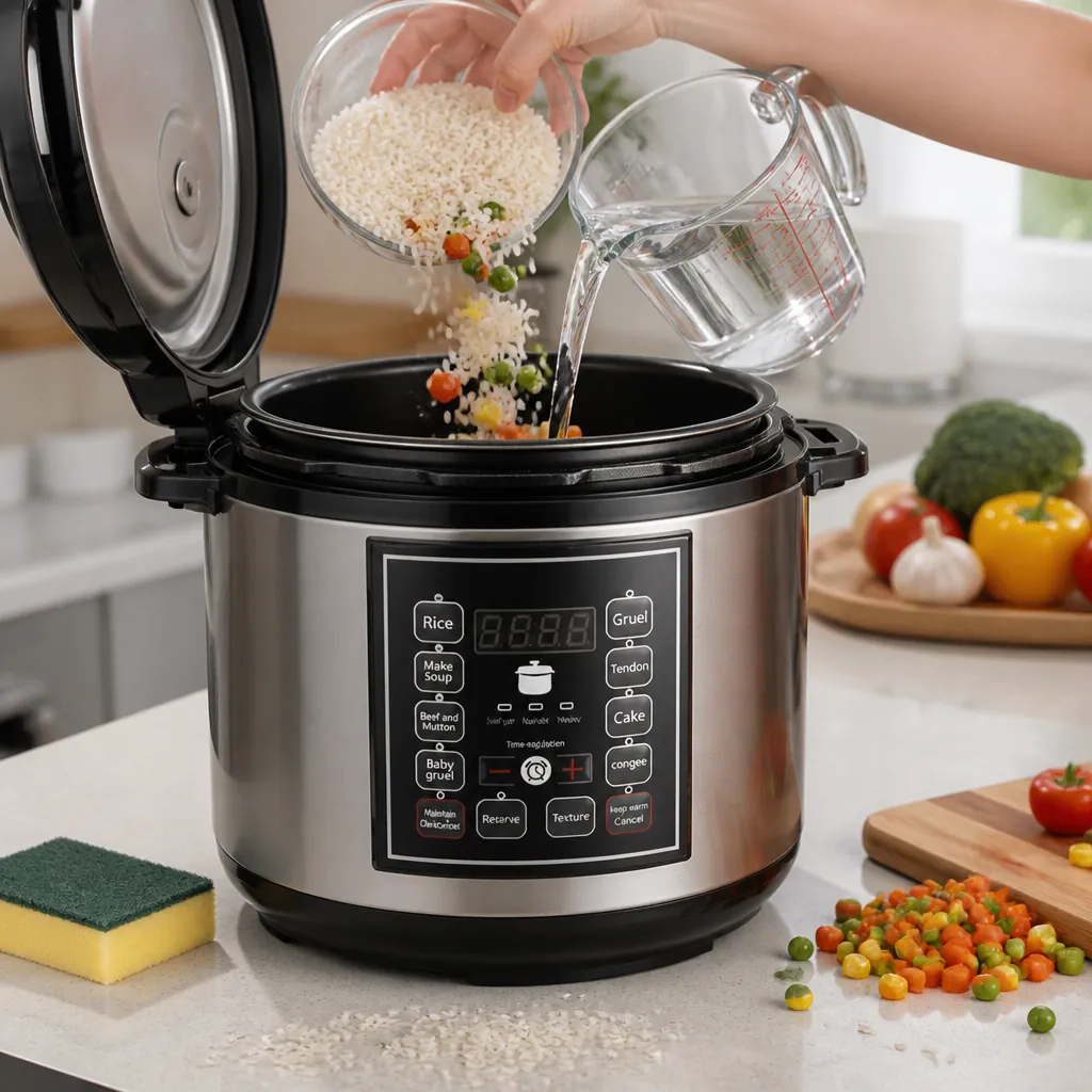 Fresh ingredients being added to the pressure cooker including rice grains vegetables and water measured perfectly
