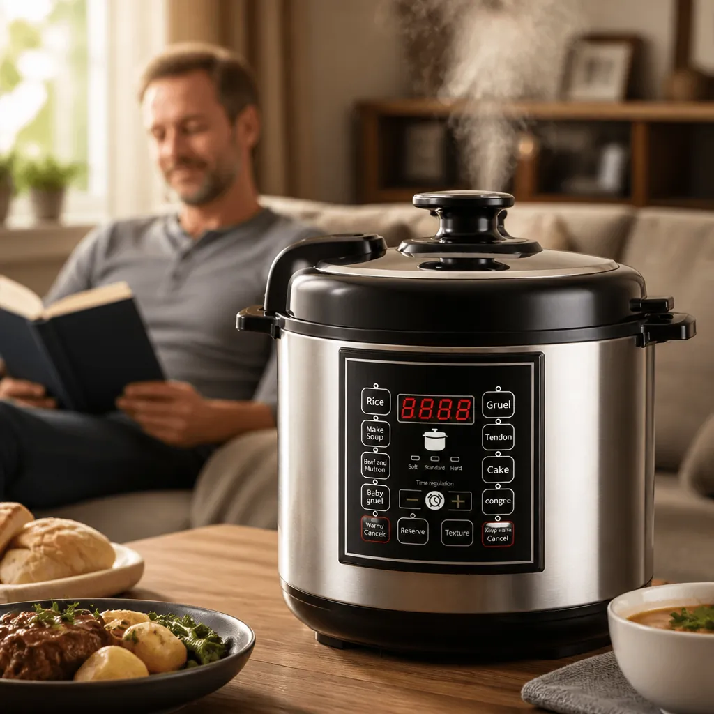 Person relaxing on couch reading book while steam rises from pressure cooker in background with warm home atmosphere