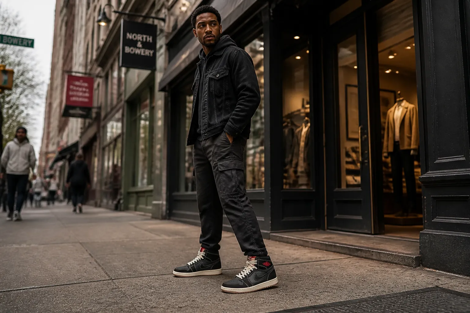 Lifestyle image of a stylish person wearing the Air Jordan 1 High OG in an urban setting outside a boutique with confident posture and city street backdrop