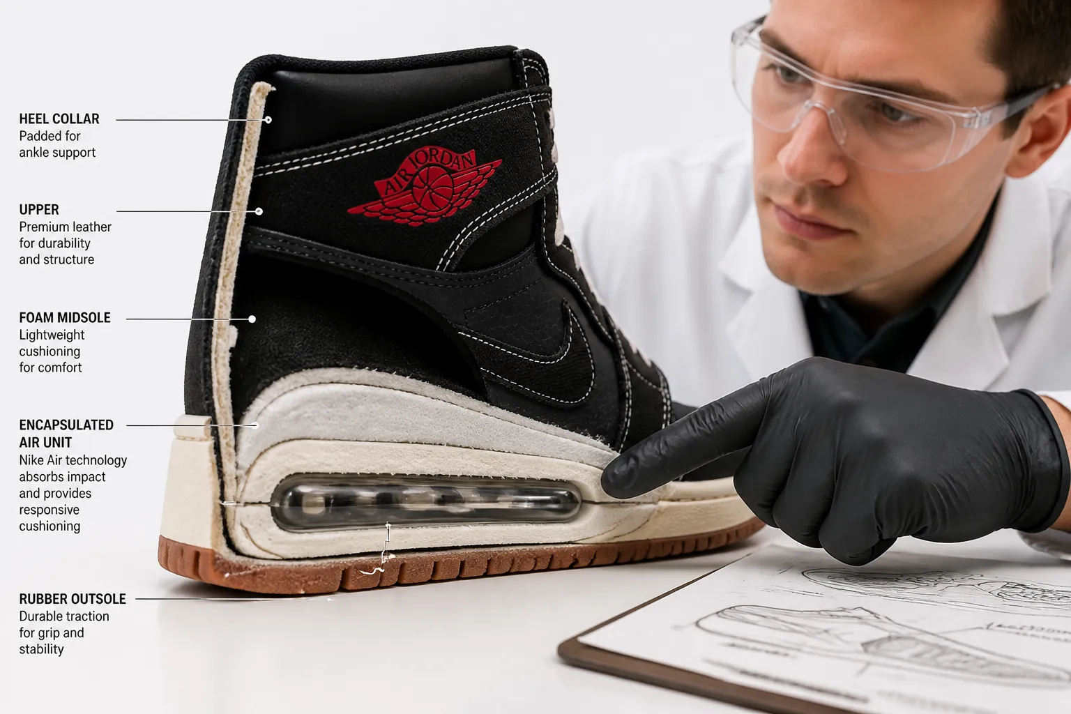 Close-up cross-section diagram showing the encapsulated Nike Air-Sole cushioning technology in the heel of the Jordan 1 with detailed technical annotations