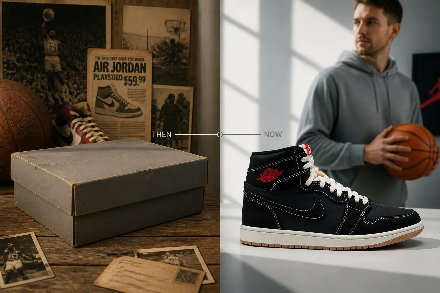 Split composition showing vintage 1980s Flight Club mail-in advertisement with nostalgic basketball imagery alongside a timeline element connecting to the modern sneaker