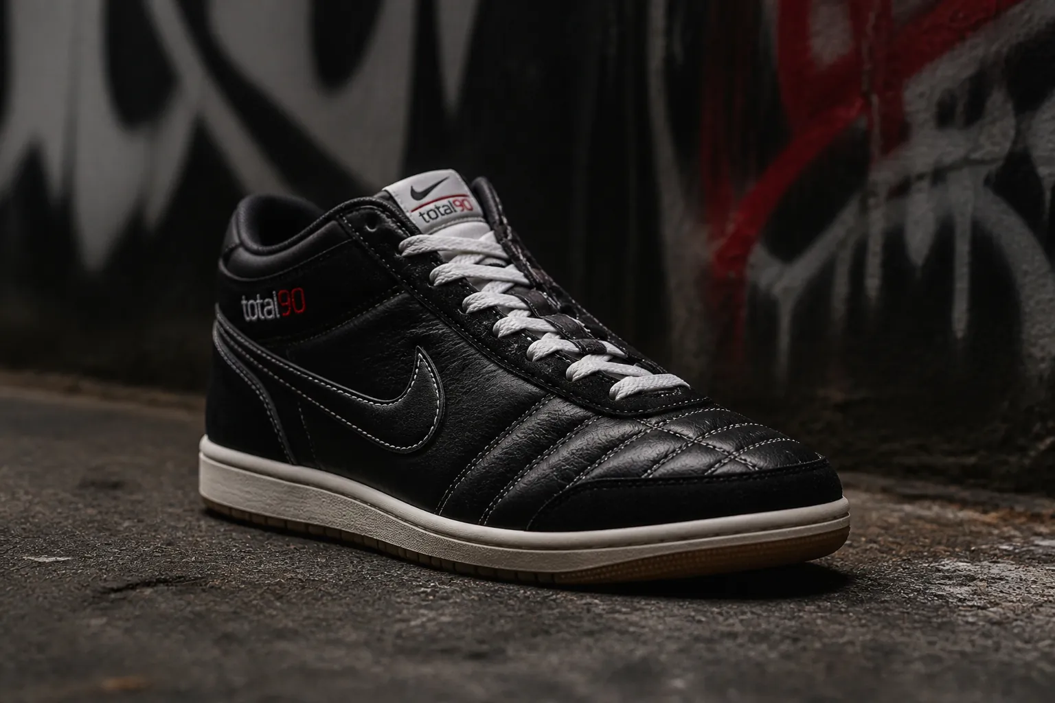 Nike Total 90 sneaker displayed dramatically from a 3/4 angle against a dark urban backdrop with subtle street art elements, showcasing the iconic asymmetrical lacing and quilted upper
