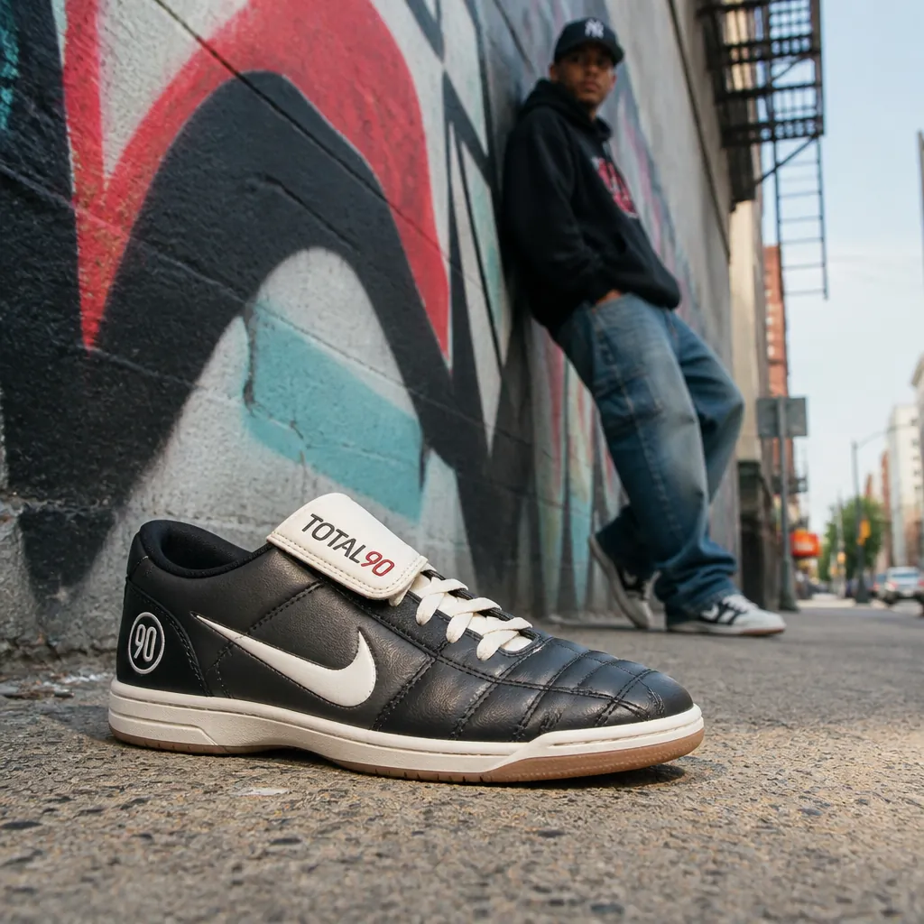 Modern Nike Total 90 sneaker styled in an urban city setting with graffiti wall backdrop, showing the street-ready transformation