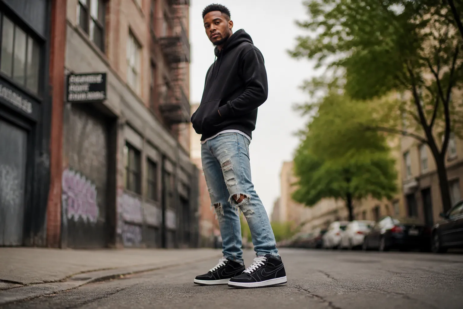 Urban lifestyle shot of someone wearing Nike Total 90 sneakers paired with ripped jeans and a black hoodie, standing on a city street