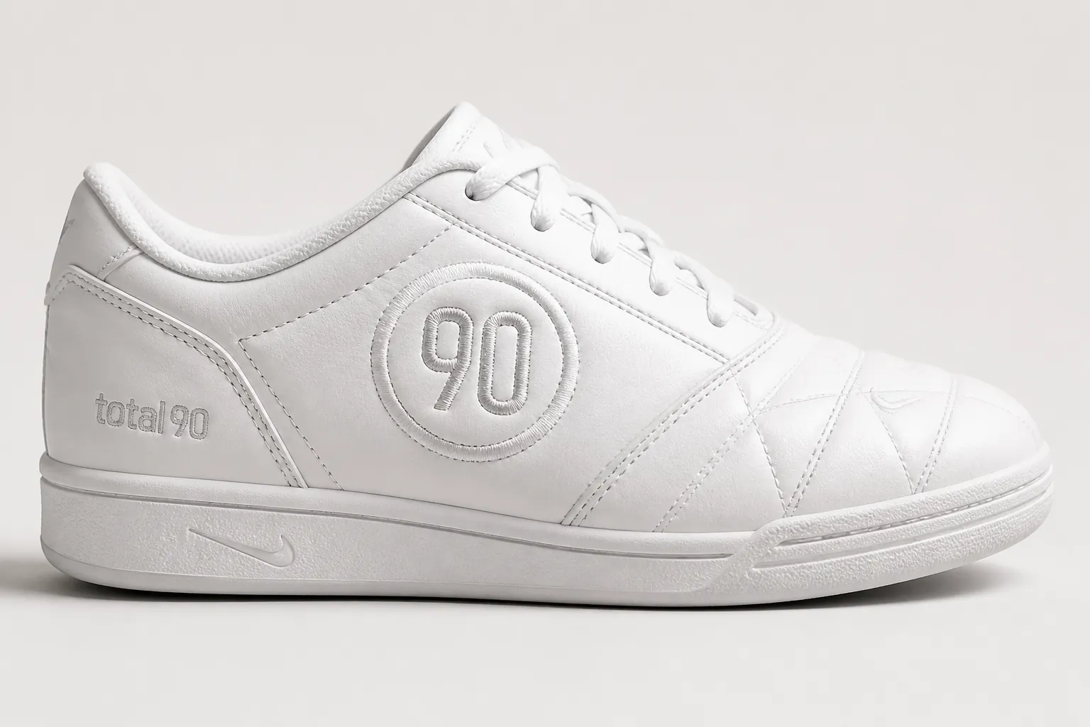 Clean product shot of the Nike Total 90 in pristine white colorway displayed on light background with soft shadows showing embroidered Total 90 logo detail