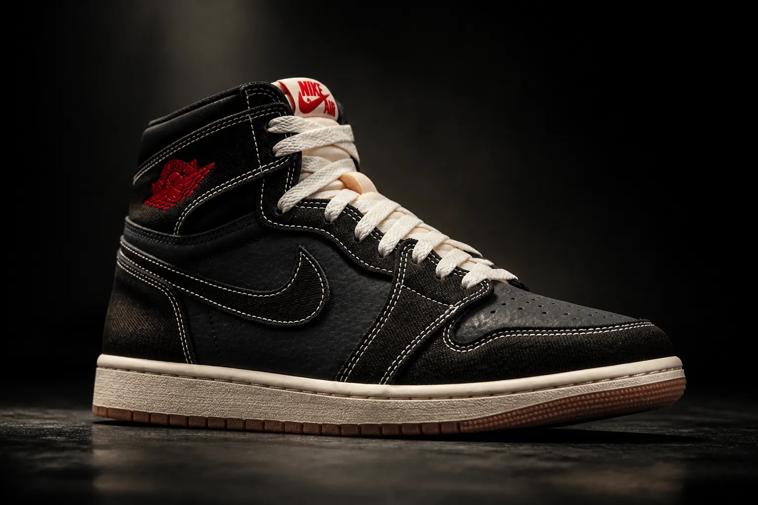 Bold final hero image of the Nike Total 90 sneaker centered at a dramatic angled view, set against a dark gradient background with accent lighting