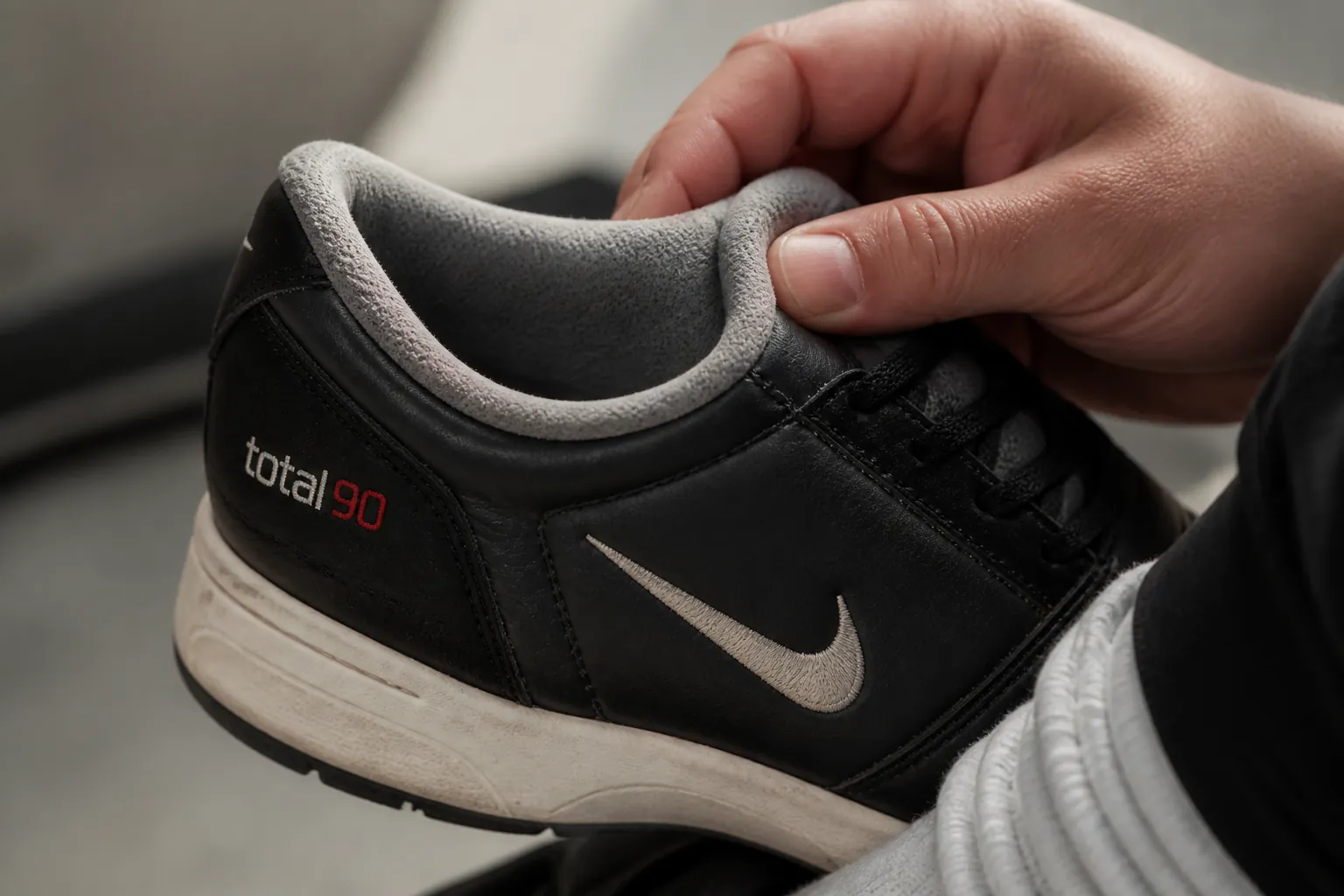 Close-up of the Nike Total 90 padded ankle collar showing cushioned padding in soft grey fabric for maximum comfort
