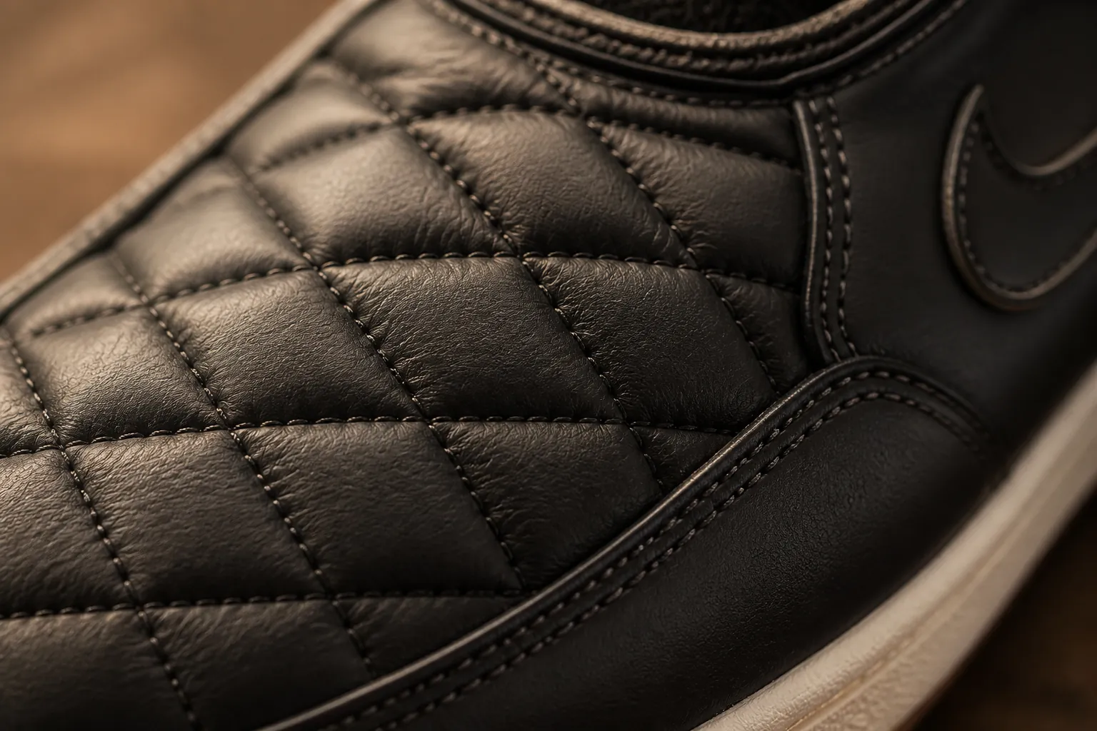 Close-up macro shot of the Nike Total 90 quilted upper texture showing diamond pattern stitching in premium leather with soft ambient lighting