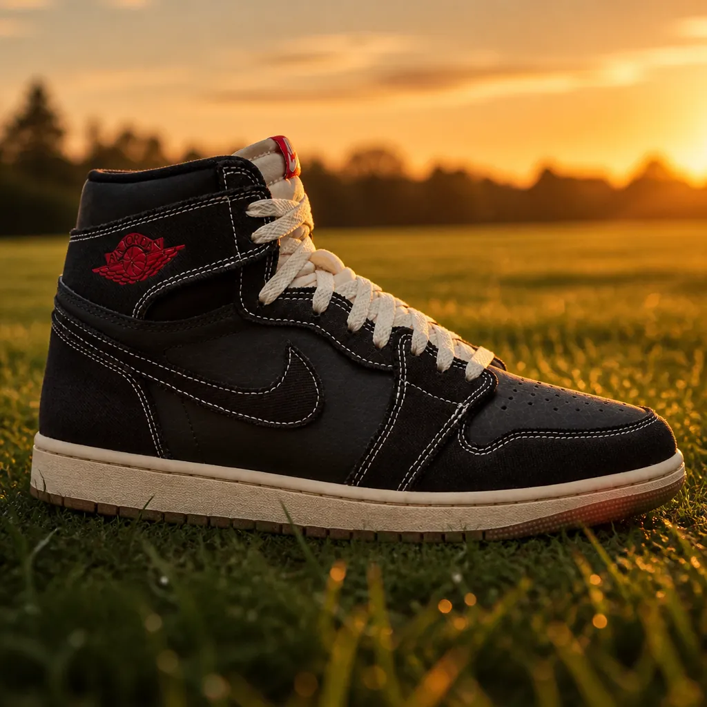 Vintage Nike football boot from the early 2000s displayed on a grass field with dramatic sunset lighting, showing the original Total 90 design