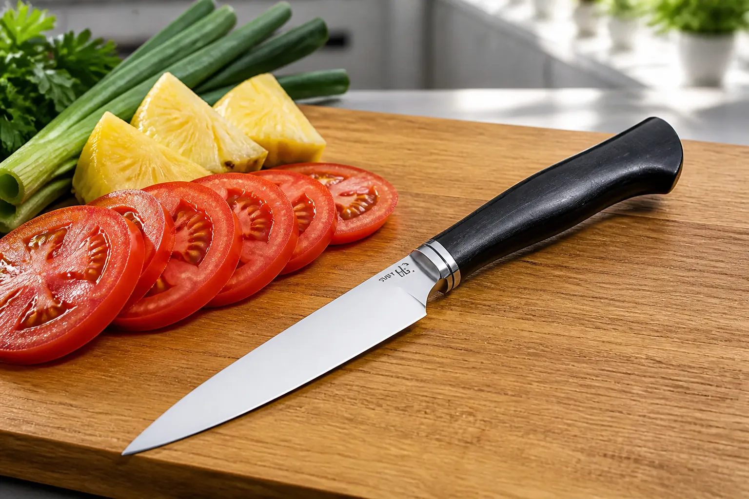 Perfectly sliced tomatoes with clean smooth cuts, showcasing precision knife quality
