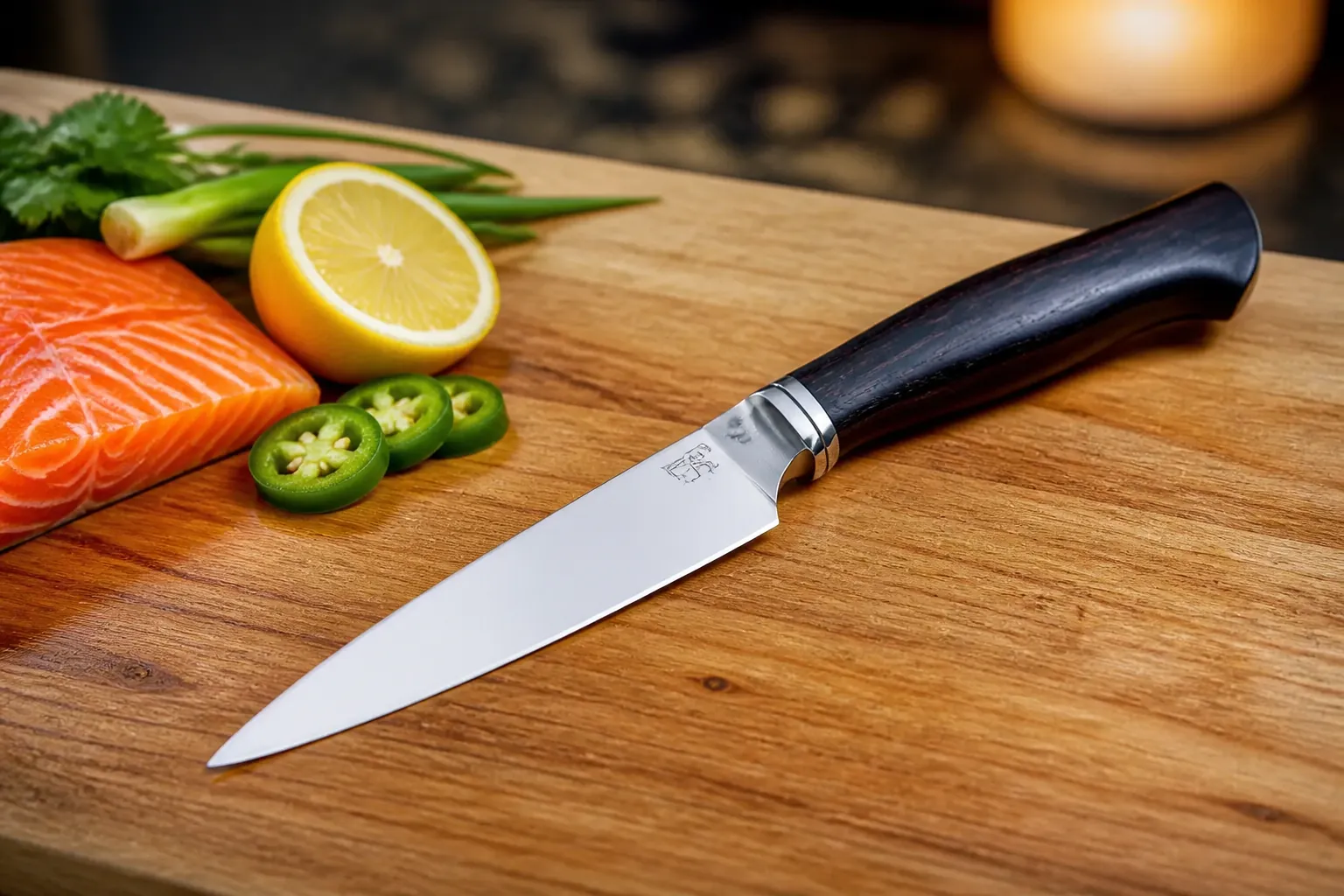 Gleaming chef's knife on a wooden cutting board with fresh vegetables, dramatic lighting highlighting the precision blade