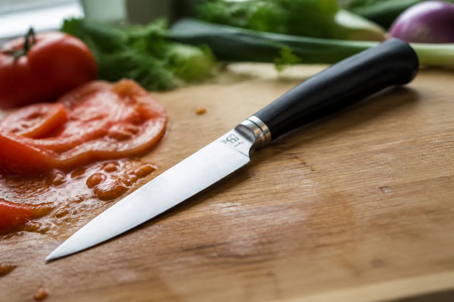 Messy tomato slices crushed and uneven from using a dull low-quality knife, juice everywhere