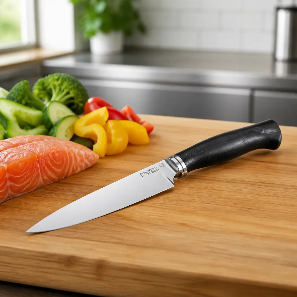 Professional 8-inch chef knife with full tang blade and ergonomic handle, showing precision steel