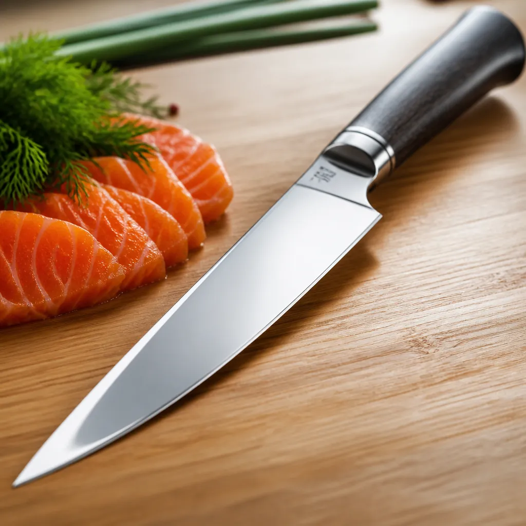 Extreme close-up of knife blade edge showing precision honing and mirror finish