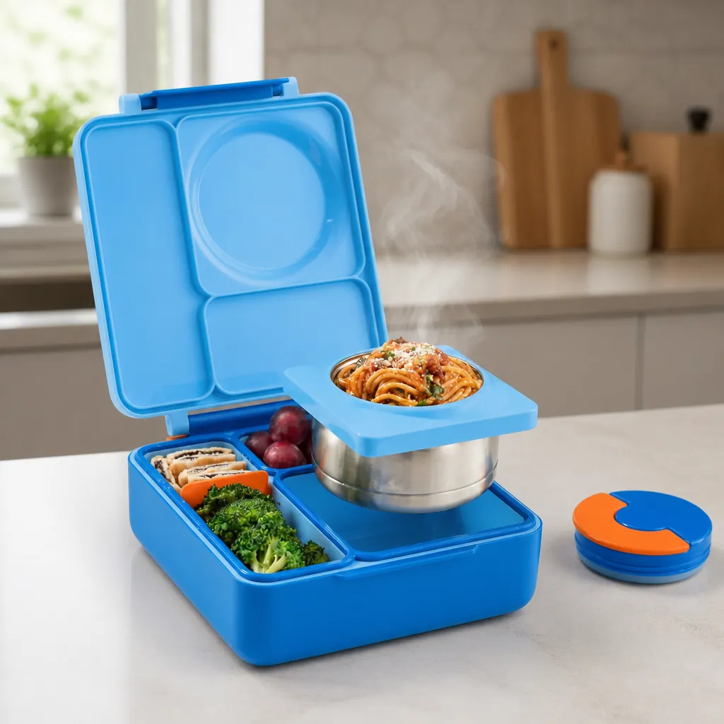 Elegant Bento Box product shot with steam visibly rising from compartments, warm appetizing colors, thermal indicator showing hot temperature, modern kitchen setting