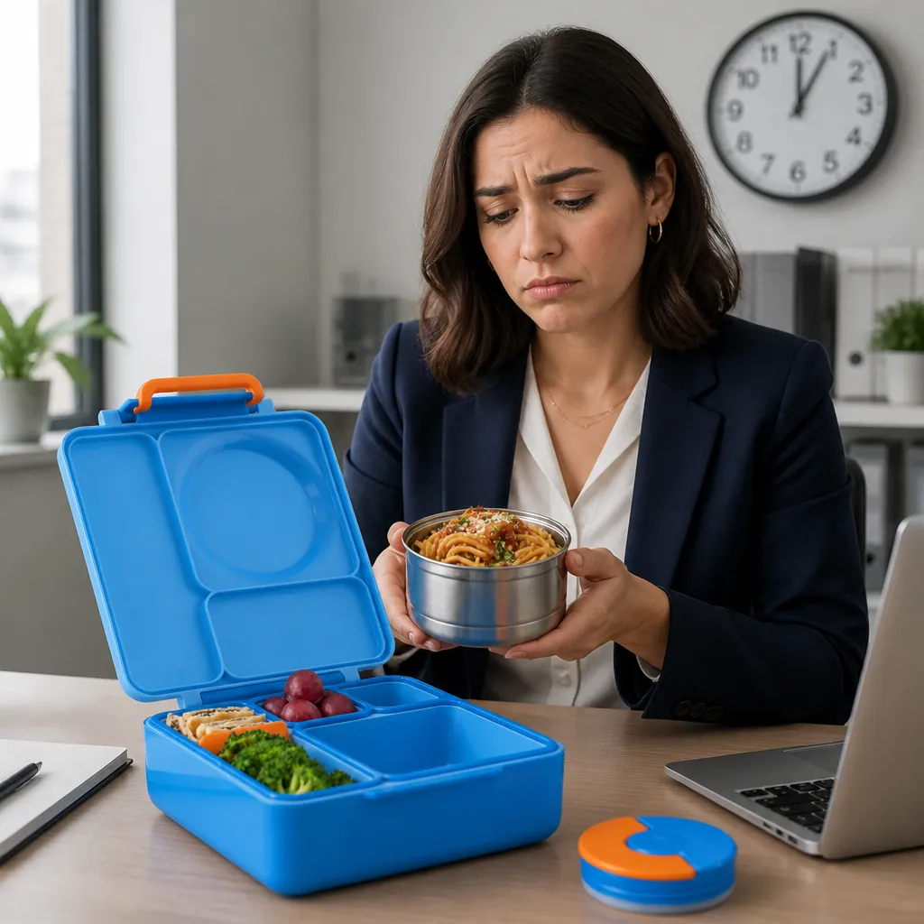 Young professional looking disappointed at their cold lunch container at office desk, unappetizing gray food visible, clock showing lunchtime