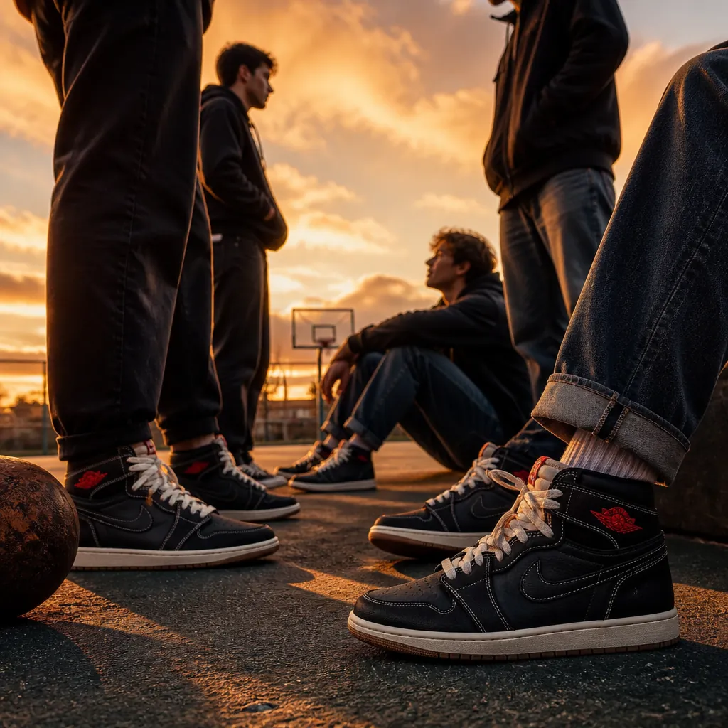 Group of friends wearing matching Air Jordan 1s posing at a basketball court during sunset with dramatic sky backdrop