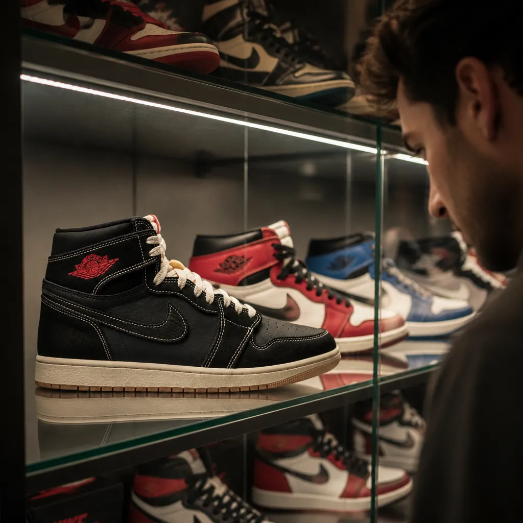 Collector's display case showing multiple Air Jordan 1 pairs including Flight Club edition with LED accent lighting