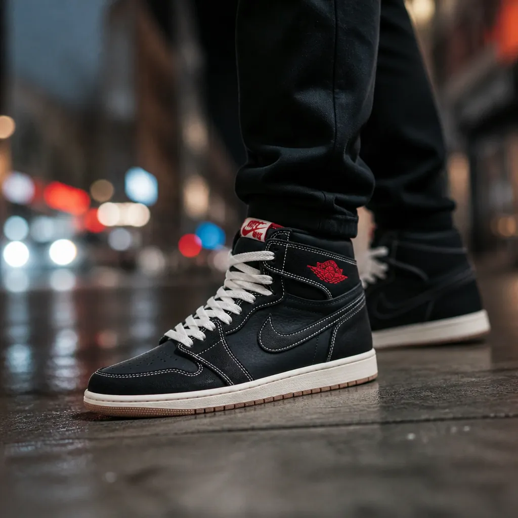 Street style photographer capturing detailed close-up of Air Jordan 1 on model's feet with bokeh city lights background