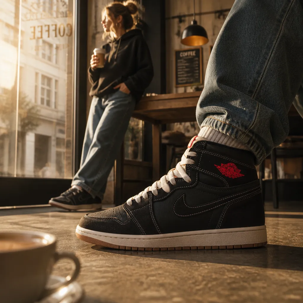 Female fashion influencer wearing Air Jordan 1s with casual streetwear outfit at a trendy coffee shop location, golden hour lighting