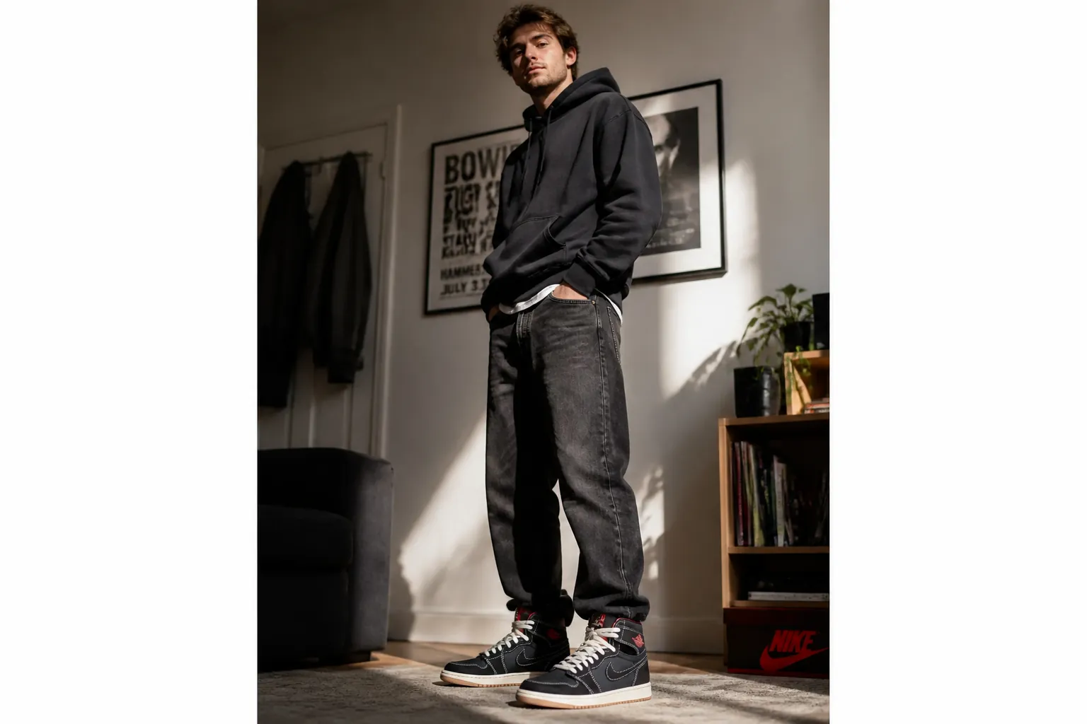 Same man now wearing Air Jordan 1 High OG Flight Club with confident pose, styled outfit, dramatic lighting showing transformation