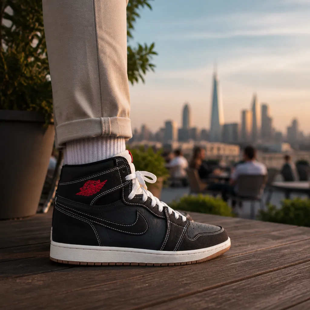 Lifestyle shot of professional wearing Air Jordan 1s with smart casual outfit at rooftop restaurant overlooking city skyline
