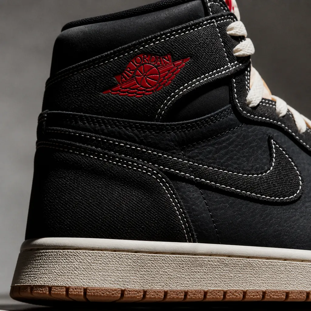 Air Jordan 1 High OG detail shot showing premium leather texture, signature swoosh, collar padding, and sole construction with dramatic studio lighting