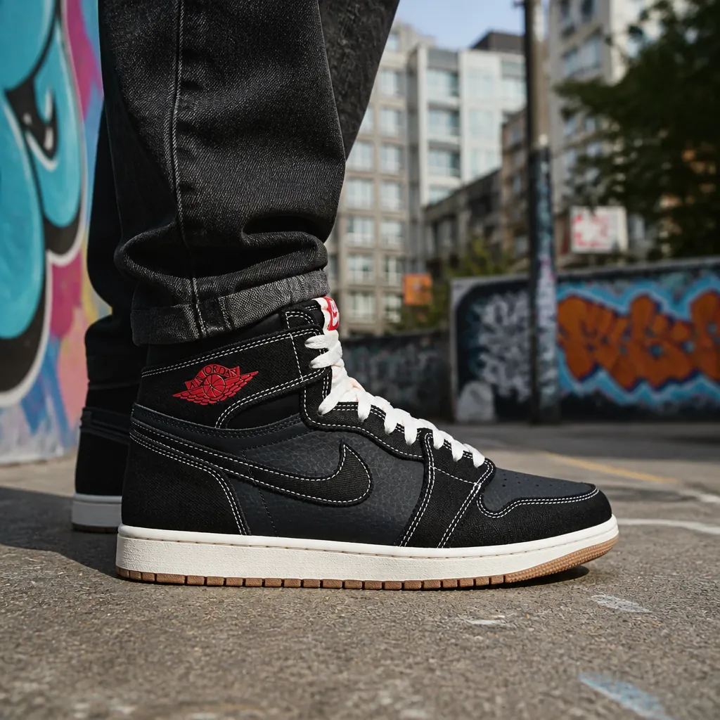 Young male wearing Air Jordan 1 High OG Flight Club standing in urban cityscape with street art background, natural lighting showing confident styling