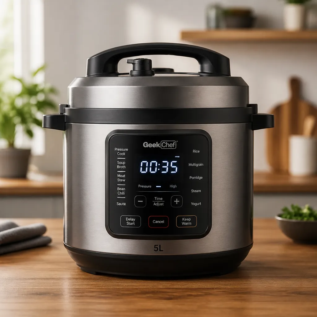 Detailed product shot of the 5L smart pressure cooker with prominent LCD display panel showing timer, aluminum alloy body with elegant design, safety valve clearly visible, modern kitchen countertop setting with soft lighting